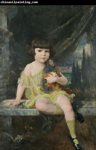 Douglas Volk Young Girl in Yellow Dress Holding her Doll