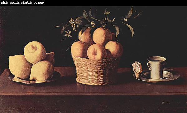 Francisco de Zurbaran Teller mit Zitronen, Korb mit Orangen und Tasse mit Rose