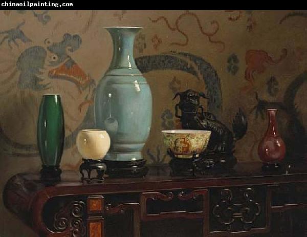 Hubert Vos Asian Still Life with Blue Vase, oil painting by Hubert Vos