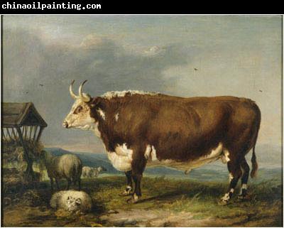 James Ward Hereford Bull with Sheep by a Haystack