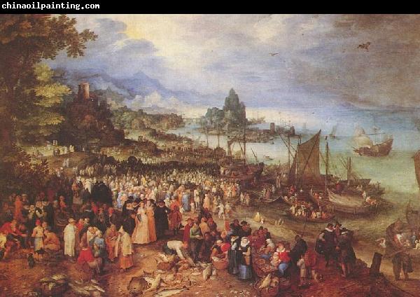 Jan Brueghel Sea port with the lecture of Christ