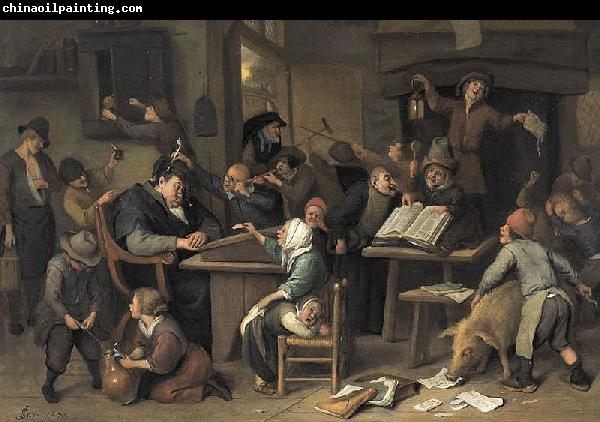 Jan Steen A school class with a sleeping schoolmaster, oil on panel painting by Jan Steen, 1672