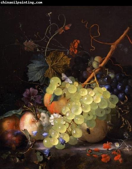 Jan van Huijsum of grapes and a peach on a table top