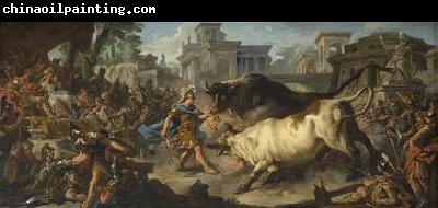 Jean-Francois De Troy Jason taming the bulls of Aeetes oil painting by Jean Francois de Troy depicting the classical Greek hero Jason during one of his challenges during hi