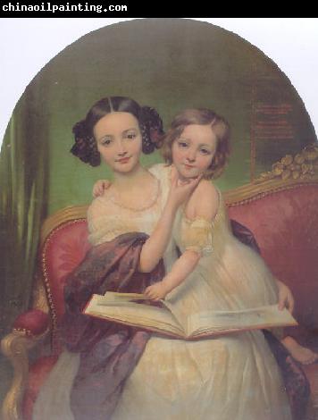 Joseph-Desire Court Portrait de Marguerite Louise Cibiel et de Marie Aglaure Cibiel assises sur un sofa  feuilletant un livre