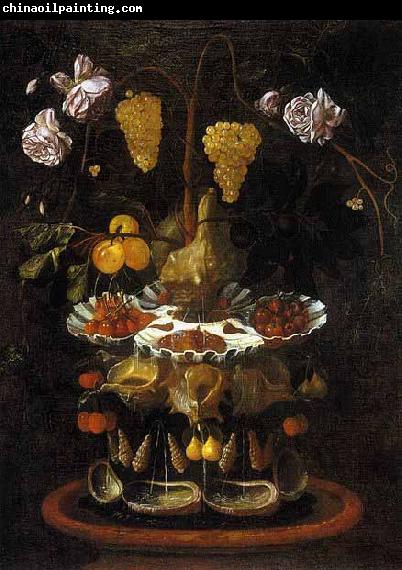 Juan de Espinosa A fountain of grape vines, roses and apples in a conch shell