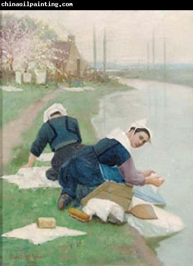 Lionel Walden Women Washing Laundry on a River Bank, oil painting by Lionel Walden