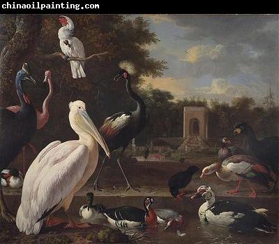 Melchior de Hondecoeter A Pelican and other exotic birds in a park