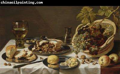 Pieter Claesz Tabletop Still Life with Mince Pie and Basket of Grapes