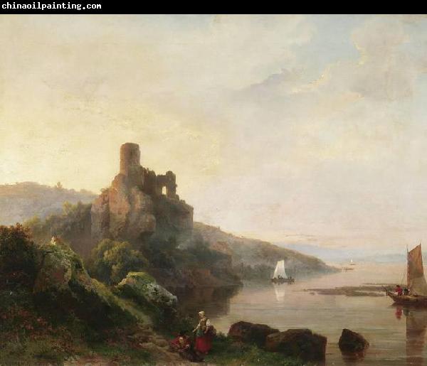 Pieter Lodewyk Kuhnen Romantic Rhine landscape with ruin at sunset