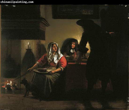 Pieter de Hooch Interior with Two Gentleman and a Woman Beside a Fire