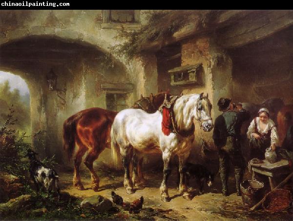 Wouterus Verschuur Horses and people in a courtyard