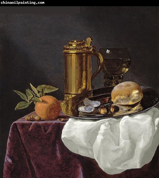 simon luttichuys Tankard with Oysters, Bread and an Orange resting on a Draped Ledge