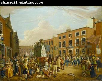 unknow artist Oil on canvas painting depicting the ancient custom of rushbearing on Long Millgate in Manchester in 1821