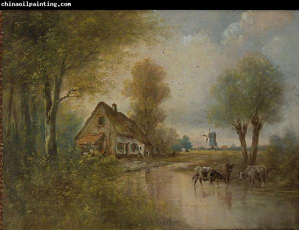 unknow artist Landscape with cows, small farm and windmill