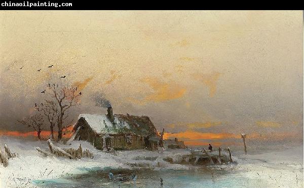 unknow artist Winter picture with cabin at a river