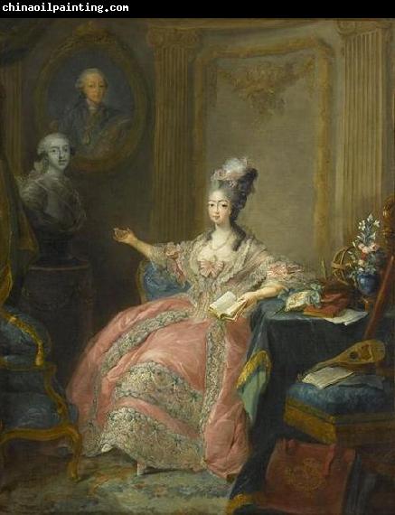 unknow artist Portrait of Marie Josephine of Savoy Countess of Provence pointing to a bust of her husband overlooked by a portrait of her father