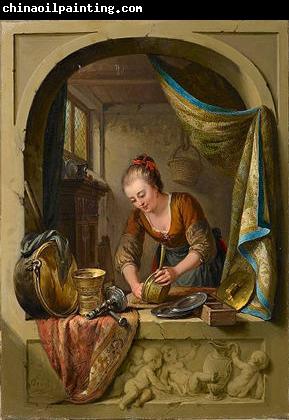 unknow artist A young woman cleaning pans at a draped stone arch.