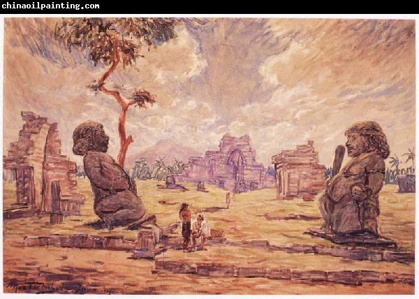 unknow artist Oil painting. Temple ruins in Candi Sewu