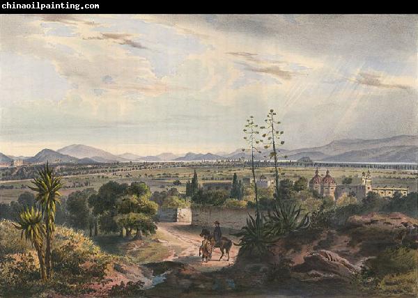 unknow artist Mexico, visto desde el Arsobisbado de Tacubaya. Mexico City seen from Tacubaya. Hand-colored lithograph highlighted with gum arabic