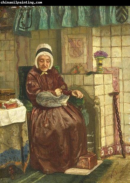 August Allebe Old woman by a hearth