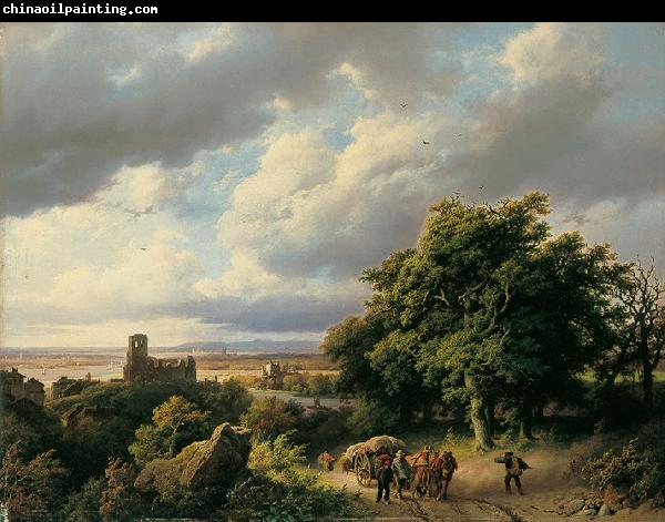 Barend Cornelis Koekkoek Flublandschaft mit Ruine und Pferdewagen