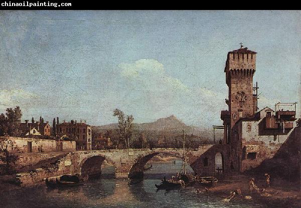 Bernardo Bellotto Capriccio Veneto, Flub, Brucke und mittelalterliches Stadttor