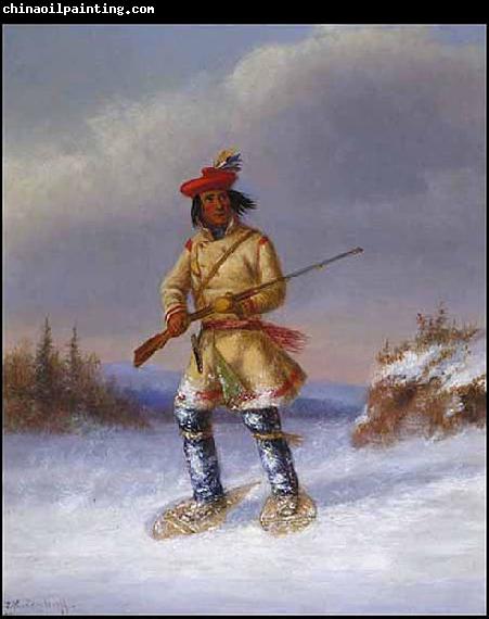 Cornelius Krieghoff Indian Trapper with Red Feathered Cap in Winter