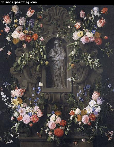 Daniel Seghers Garland of flowers with a sculpture of the Virgin Mary