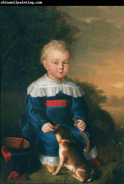 David Luders Portrait of a young boy with toy gun and dog