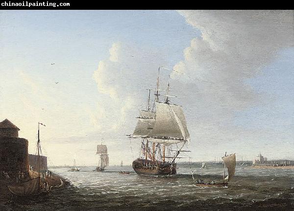 Dominic Serres An English man-o'war shortening sail entering Portsmouth harbour, with Fort Blockhouse off her port quarter