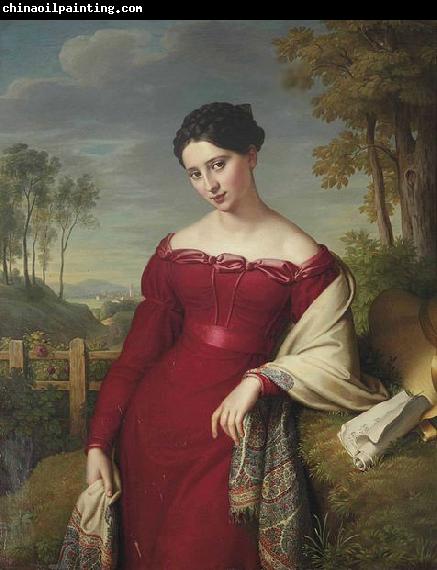 Eduard Friedrich Leybold Portrait of a young lady in a red dress with a paisley shawl