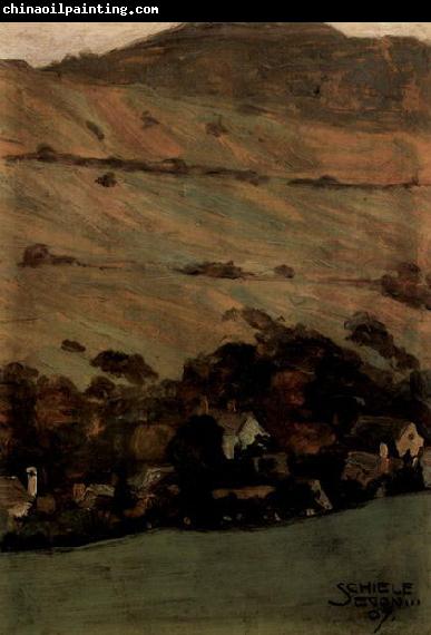 Egon Schiele Hauser vor Berghang