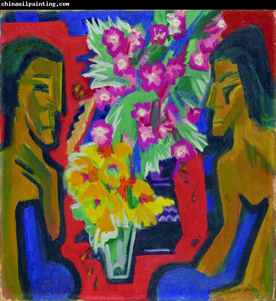 Ernst Ludwig Kirchner Stilleben mit zwei Holzfiguren und Blumen