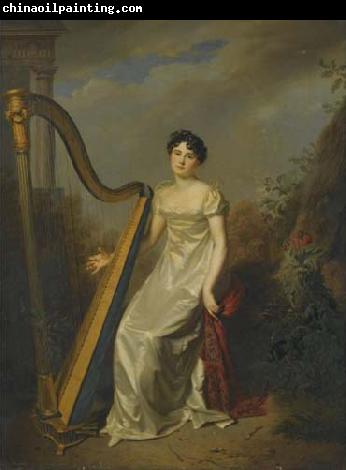 Firmin Massot Portrait of a lady, wearing a white dress and seated beside a harp a landscape beyond