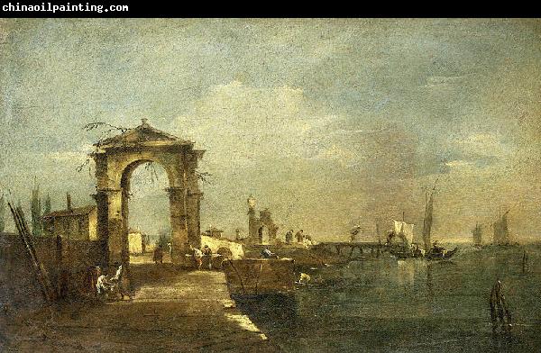 Francesco Guardi Landschap met een kade en schepen op een meer