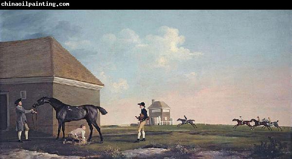 George Stubbs Gimcrack on Newmarket Heath, with a Trainer, a Stable-lad, and a Jockey