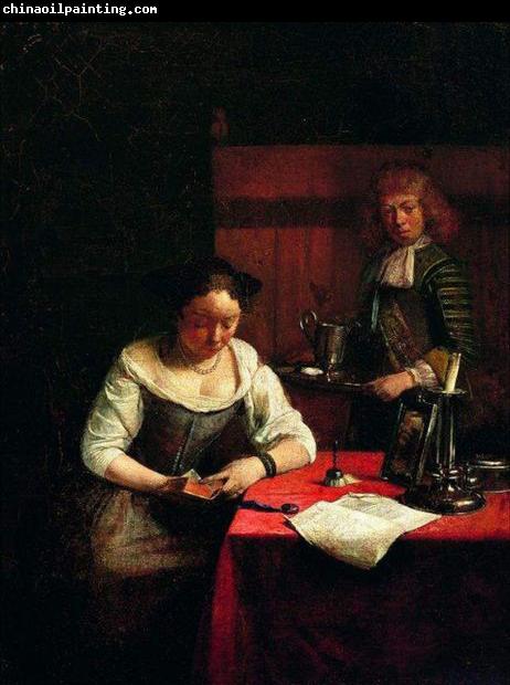 Gerard ter Borch the Younger Woman reading and a young man holding a tray.