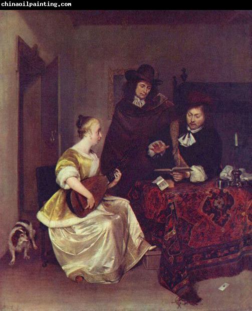 Gerard ter Borch the Younger A Woman playing a Theorbo to Two Men