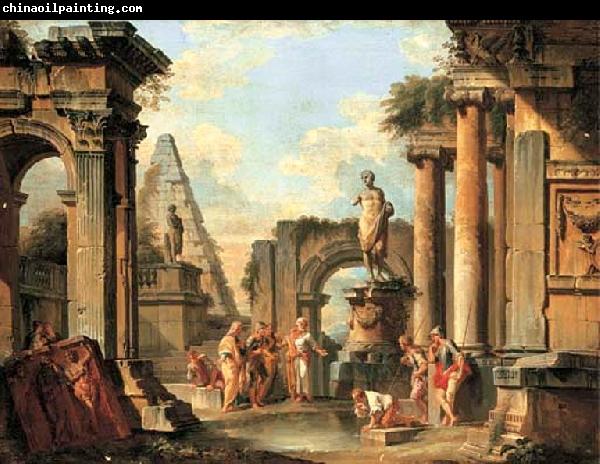 Giovanni Paolo Panini A capriccio of classical ruins with Diogenes throwing away his cup