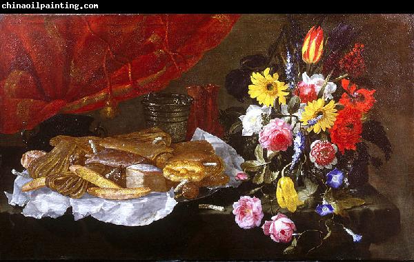 Giuseppe Recco A Still Life of Roses, Carnations, Tulips and other Flowers in a glass Vase, with Pastries and Sweetmeats on a pewter Platter and earthenware Pots, on