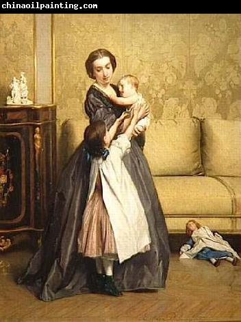 Gustave Leonard de Jonghe Jeune mere et ses enfants dans un salon