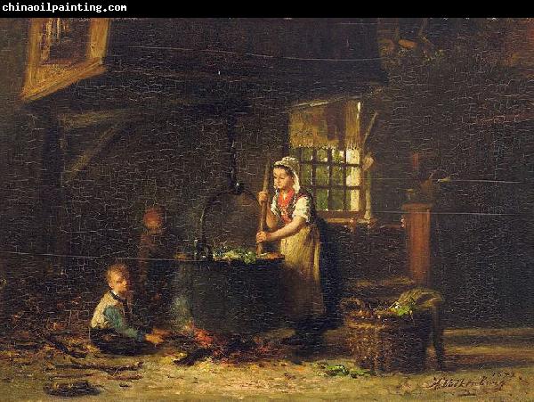 Hendrik Valkenburg An old kitchen with a mother and two children at the cauldron