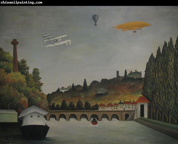 Henri Rousseau View of the Pont Sevres and the Hills of Clamart, Saint-Cloud, and Bellevue with Biplane, Ballon and Dirigible By Henri Rousseau