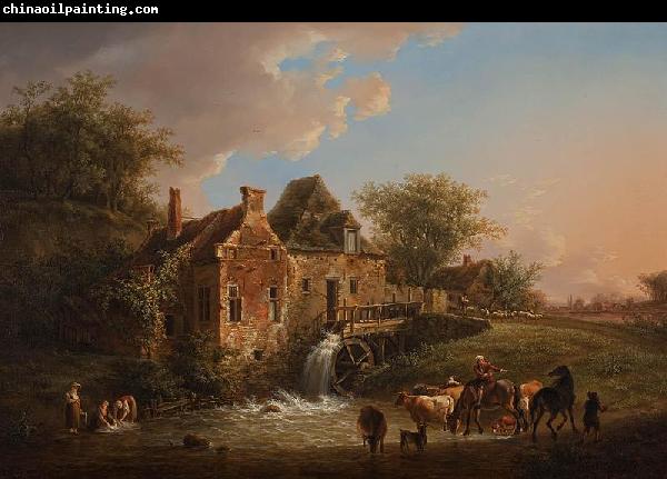 Henri van Assche Landscape with waterfall and farm