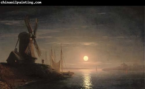 Ivan Aivazovsky A windmill overlooking a moonlit bay