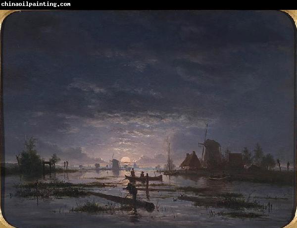 Jacob Abels An Extensive River Scene with Fishermen at Night