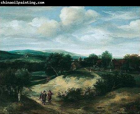 Jacob Koninck Landscape with huntsmen on a track before a village