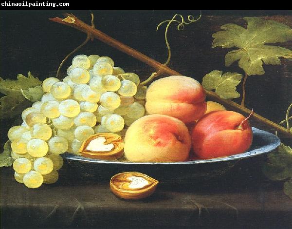 Jacob van Es Nature morte aux peches, raisins et noix sur un entablement