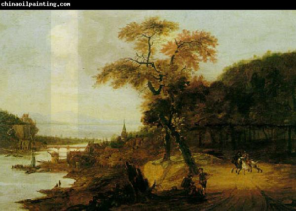 Jacob van der Does Landscape along a river with horsemen